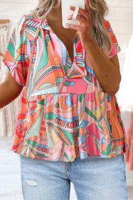 Multicolor Boho Abstract Pattern Split V Neck Flowy Top (size: (US 12-14)L)