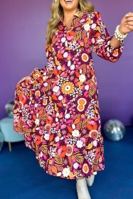 Purple Floral Print Collared Tiered Flowy Long Dress (size: (US 12-14)L)