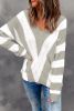 Grey Striped Colorblock V Neck Casual Cutout Knitted Sweater