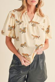 Apricot Animal Print V Neck Puff Sleeve Blouse (size: (US 12-14)L)