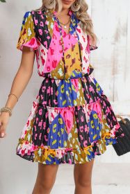 Rose Leopard Short Sleeve Tiered Ruffle Mini Dress (size: (US 8-10)M)