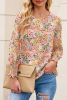 Yellow Floral Print Smocked Cuffs Long Sleeve Blouse