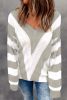 Grey Striped Colorblock V Neck Casual Cutout Knitted Sweater