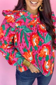 Rose Floral Print Pleated Ruffled O Neck Plus Size Blouse (size: (US 18W-20W)2X)