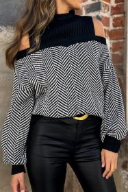Black Stripe Half High Neck Cold Shoulder Knit Sweater (size: (US 12-14)L)
