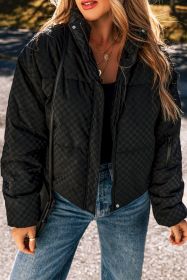 Black Checkerboard Full Zipper Puffer Jacket (size: (US 12-14)L)