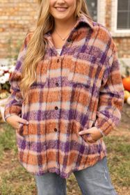 Multicolour Plus Size Plaid Print Collared Button Up Jacket (size: (US 14W-16W)1X)