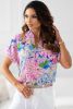 Pink Abstract Floral Print Split V Neck Short Sleeve Blouse