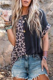 Black Leopard Print Color Block Rolled Up Sleeve Casual T Shirt (size: (US 4-6)S)
