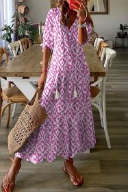 Pink Geometric Print Casual V Neck Maxi Dress (size: (US 4-6)S)