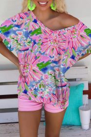 Pink Floral Print Loose Fit V Neck T Shirt (size: (US 4-6)S)