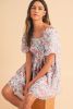 Pink Floral Lantern Sleeve Square Neck Ruffled Mini Dress