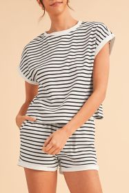 White Stripe Contrast Trim Rib Tee and Pocketed Shorts Set (size: (US 4-6)S)