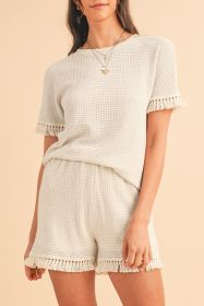 Beige Fringe Trim Waffle Knit Textured Shorts Set (size: (US 4-6)S)