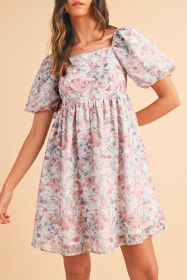 Pink Floral Lantern Sleeve Square Neck Ruffled Mini Dress (size: (US 8-10)M)