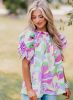 Green Abstract Print Smocked Bubble Sleeve Blouse