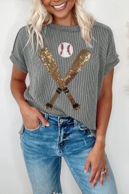 Medium Grey Ribbed Knit Sequin Baseball Graphic T Shirt (size: (US 4-6)S)