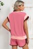 Peach Blossom Color Block Loose Fit Top & Elastic Waist Shorts Set