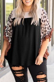 Black Rib Knit Animal Print Ruffle Sleeves Plus Size Top (size: (US 22-24)3X)