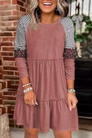 Pink Striped Leopard Patchwork Frill Long Sleeve Short Dress (size: (US 4-6)S)