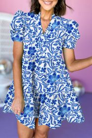Blue Flower Print Puff Sleeve Ruffle Mini Dress (size: (US 4-6)S)