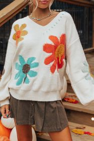 White Vintage 60s Flower Pattern V Neck Lantern Sleeve Sweater (size: (US 8-10)M)