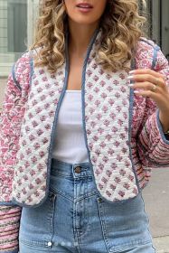 Pink Mix Floral Pattern Reversible Quilted Cropped Jacket (size: (US 4-6)S)