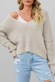 Apricot Solid Color Waffle Knit V Neck Sweater (size: (US 4-6)S)
