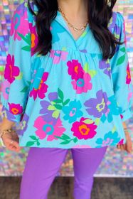 Light Blue Plus Size Floral Print Notched V Neck Babydoll Blouse (size: (US 22W-24W)3X)