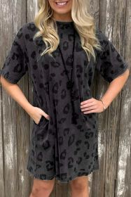 Gray Short Sleeve Casual Leopard Print Dress with Pockets (size: (US 18-20)2XL)