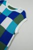 Dark Blue Checkered Color Block Cap Sleeve Knitted Top