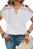 White Boho Embroidered V Neck Fringe Short Sleeve Blouse