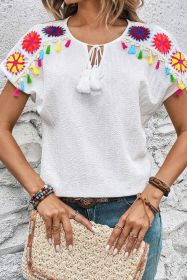 White Boho Embroidered V Neck Fringe Short Sleeve Blouse (size: (US 8-10)M)