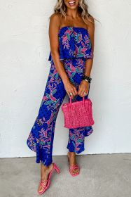 Blue Boho Tropical Print Ruffle Overlay Strapless Flared Jumpsuit (size: (US 8-10)M)