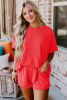 Orange Ribbed Textured Loose Fit Tee & Shorts Set