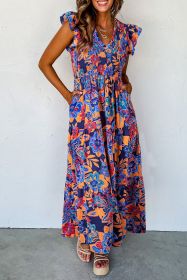 Dark Blue Boho Floral V Neck Ruffle Tiered Long Dress (size: (US 4-6)S)