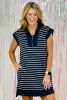 Navy Blue Striped Quarter Zip Collar Cap Sleeve Mini Dress