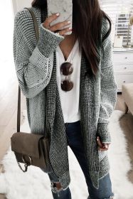 Grey Plaid Contrast Trim Casual Knit Cardigan (size: (US 12-14)L)