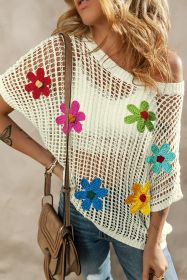 White Hollowed Crochet Colorful Flower Loose Knit T Shirt (size: (US 4-6)S)