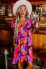 Orange Abstract Print Ruffle Sleeve Frill Trim Pocketed Mini Dress