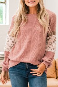 Pink Leopard Sequin Splicing Sleeves Textured Knit Top (size: (US 8-10)M)