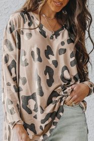 Khaki Leopard Print V Neck Long Sleeve Shirt (size: (US 8-10)M)