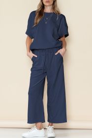 Navy Blue Textured Loose Fit T Shirt and Drawstring Pants Set (size: (US 8-10)M)