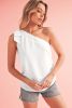 White Solid Color Asymmetrical Knot Textured Sleeveless Shirt
