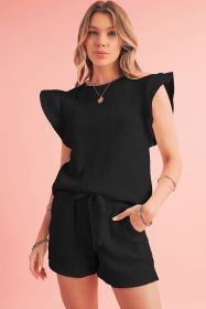 Black Textured Ruffle Sleeve Tee and Drawstring Shorts Set (size: (US 4-6)S)