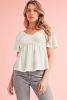 Oatmeal Shirred V Neck Short Flutter Sleeve Textured Blouse