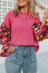 Sachet Pink Flower Patchwork Ribbed Knit Drop Shoulder Top (size: 1-2-2-2)