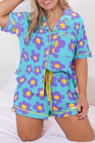 Sky Blue Cute Flower Print Contrast Trim Plus Size Short PJ Set (size: (US 22W-24W)3X)
