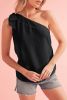 Black Solid Color Asymmetrical Knot Textured Sleeveless Shirt