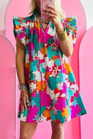Multicolour Floral Tie Split Neck Flutter Sleeve Mini Dress (size: (US 4-6)S)